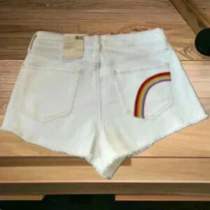 SO White Cutoff Denim Shorts | Juniors Size 13 | High Waist | Rainbow Pocket